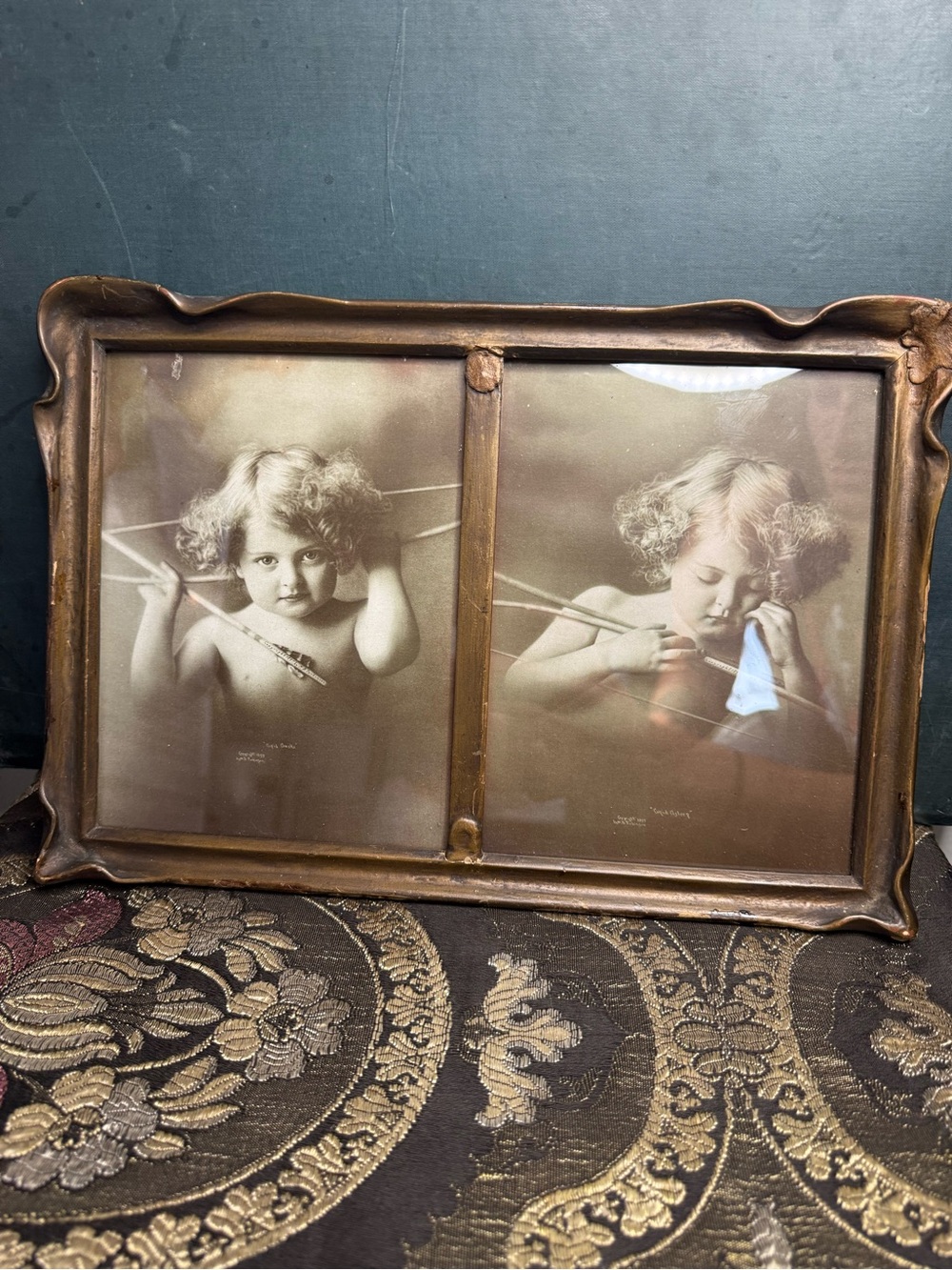 VTG Awake & Sleep Cupid Prints in Gold Tone Double Batwing Frame
